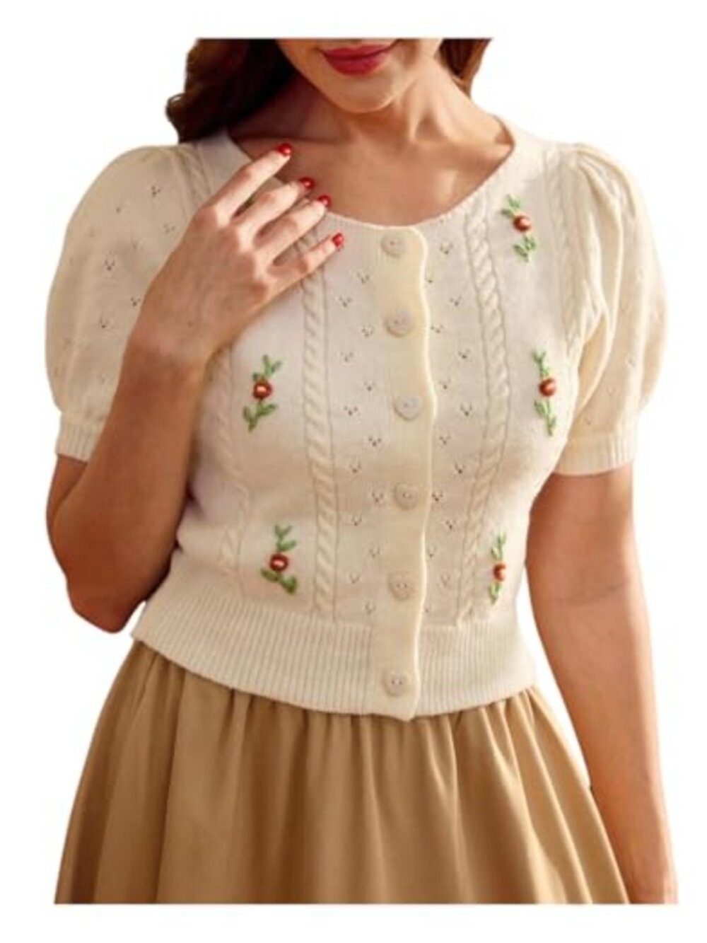 Floral Embroidered Cardigan Sweater Short Sleeve Button Down Knit Top